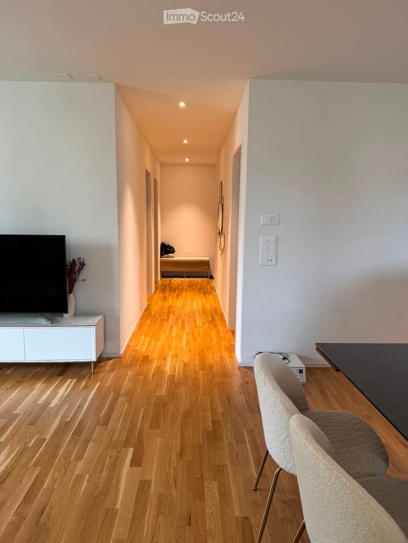 A modern hallway with wooden flooring, a TV stand with a flat-screen TV, a vase with dried flowers, a small table with chairs, and a light switch panel on the wall.