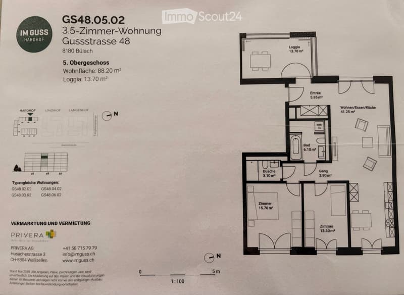 Floor plan of a 3.5-room apartment on the 5th floor, featuring a living/dining/kitchen area, two bedrooms, a bathroom, a shower, a hallway, and a loggia.