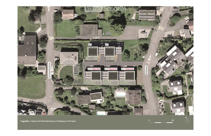 Aerial view of a residential area showing multiple houses, labeled A-1, A-2, A-3, B-1, and B-2, with surrounding greenery, roads, and a pool visible.