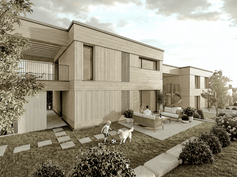 Modern wooden house with a spacious garden area featuring a sofa, coffee table, potted plants, and a small pathway leading to the house entrance.
