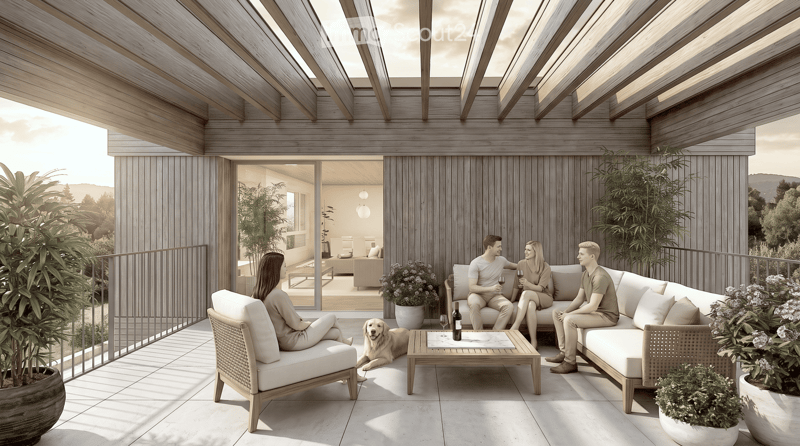 Modern outdoor terrace with wooden ceiling, large glass roof panels, white furniture, potted plants, and scenic mountain view.