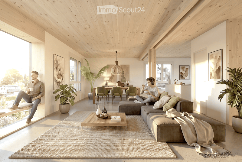 Bright living room with wooden ceiling and walls, large windows offering a view, sofa, coffee table, dining area with chairs, pendant light, and decorative vases.