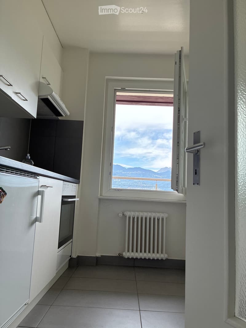 Modern kitchen with white cabinets, an oven, and a radiator, featuring a large window with a scenic mountain view.