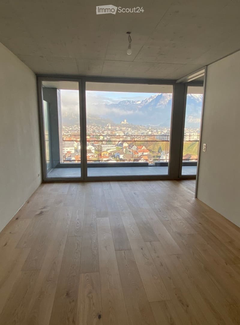 Empty room with light wooden flooring and large windows offering a scenic mountain view.