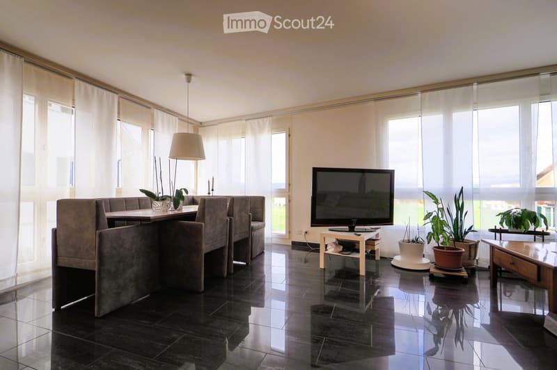 Modern living room with large windows, dark tiled floor, grey sofa, wooden coffee table, TV, and potted plants.