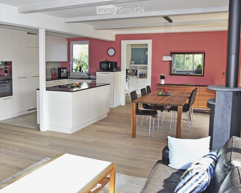 Open-plan living and dining area with a modern kitchen, white cabinets, and a central island. Features a leather sofa, coffee table, dining table with chairs, and a fireplace.
