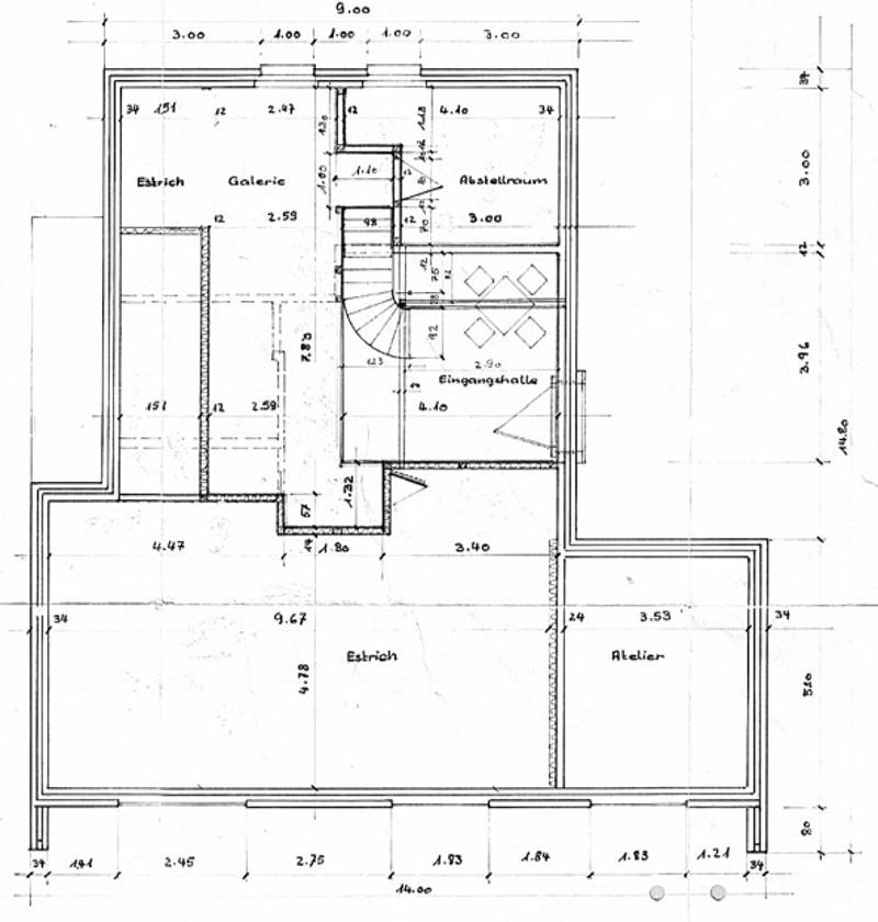 Floor plan of a building showing multiple rooms including an entrance hall, gallery, studio, and several other spaces with labeled dimensions.