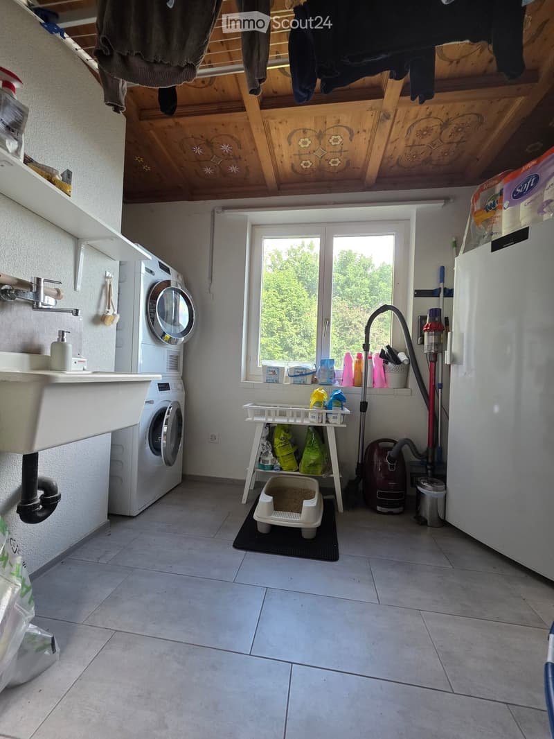 Laundry room with washing machine, sink, cat litter box, vacuum cleaner, and cleaning supplies. Wooden ceiling with decorative carvings, tiled floor, and window with view of greenery.