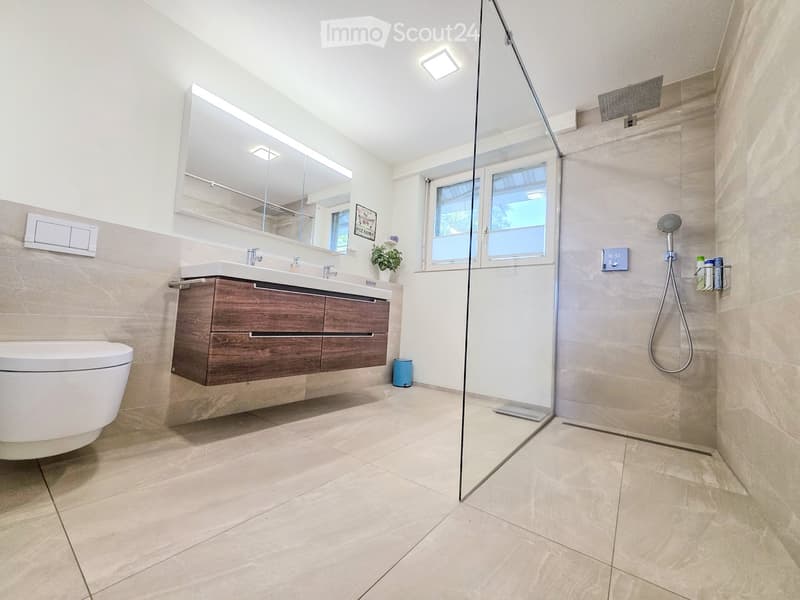 Modern bathroom with beige tiles, a wooden vanity with a sink, a toilet, a large mirror, and a glass-enclosed shower with a handheld showerhead. A small plant and a shower rack with toiletries are visible.