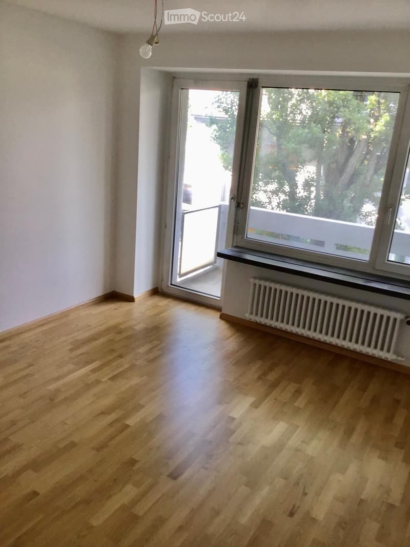 Empty room with wooden flooring, white walls, large window with view, and radiator under the window.