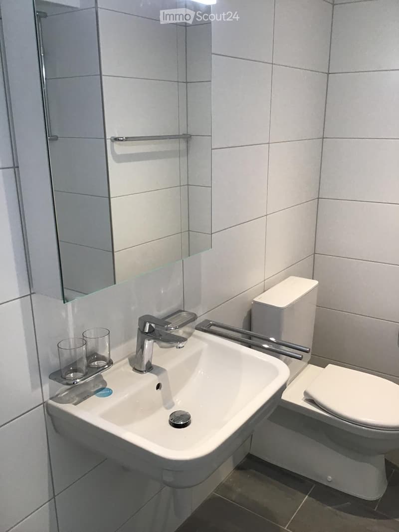 Modern bathroom with a white sink, chrome faucet, toilet, and a large mirror. Two clear cups are placed on the sink counter.