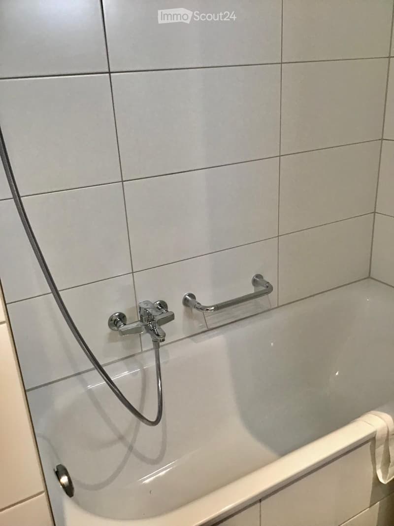 Bathtub with a handheld shower hose and a handrail for support, tiled walls.