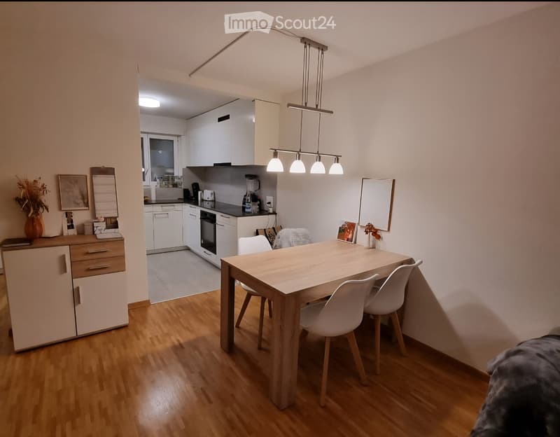 A modern, open-plan living and dining area with a wooden dining table, white chairs, a kitchen area with white cabinets, an oven, and a blender, along with decorative items like a vase and picture frames.
