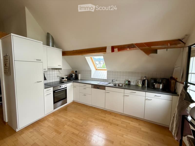 Modern kitchen with white cabinets, stainless steel appliances, wooden flooring, and a skylight window above the sink.
