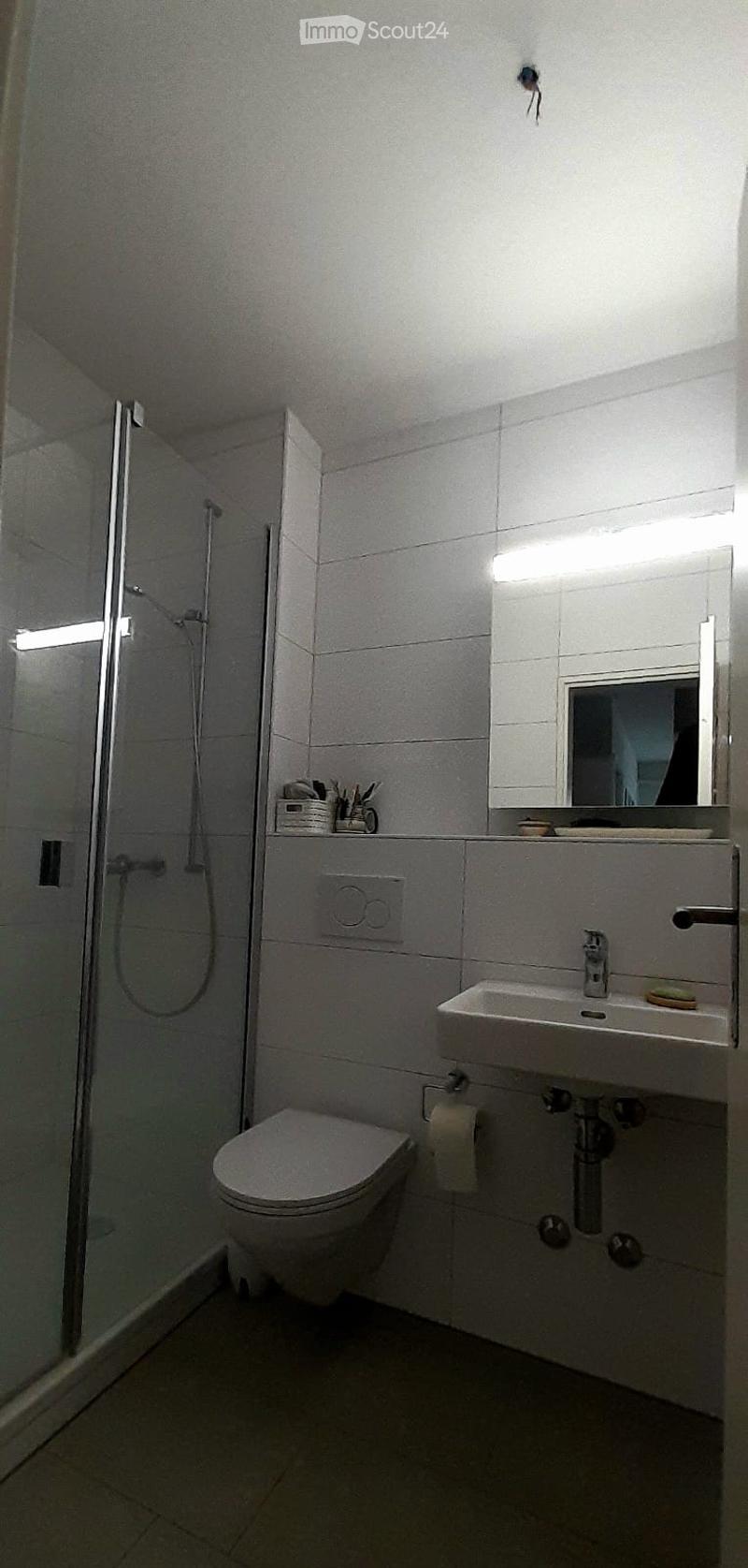 Modern bathroom with white tiles, a toilet, a sink with a mirror, a glass-enclosed shower, and a light fixture above the mirror.