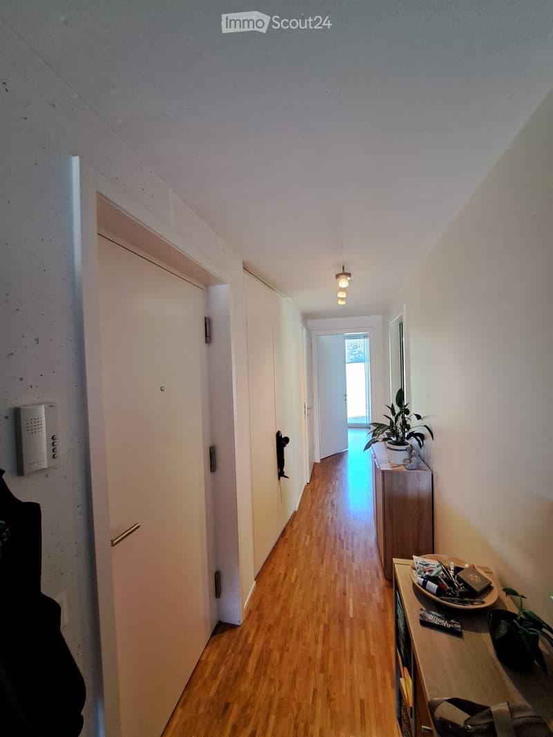 A narrow hallway with wooden flooring, white walls, and several doors on both sides. A small table with a plant and some items is visible at the end of the hallway.