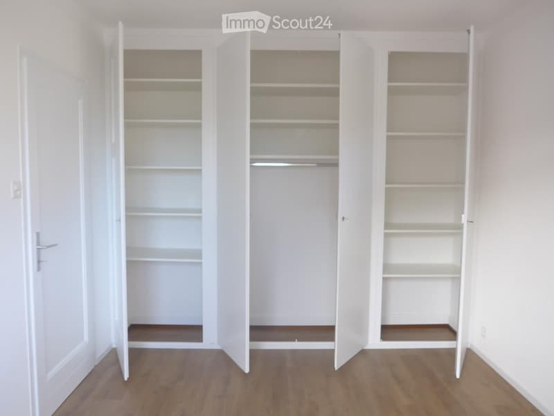 Empty room with wooden flooring and white built-in wardrobes with open shelves.