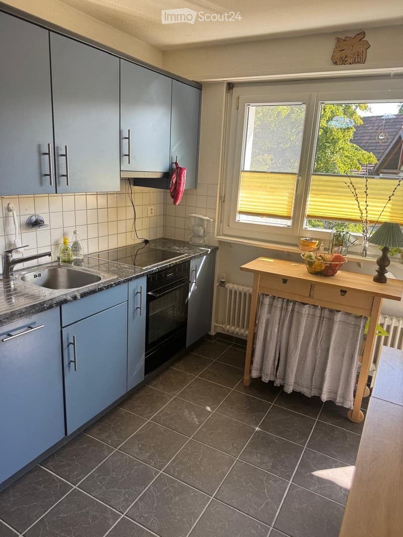 Modern kitchen with grey cabinets, granite countertop, sink, oven, and a wooden table with a bowl of fruit and a lamp on it.