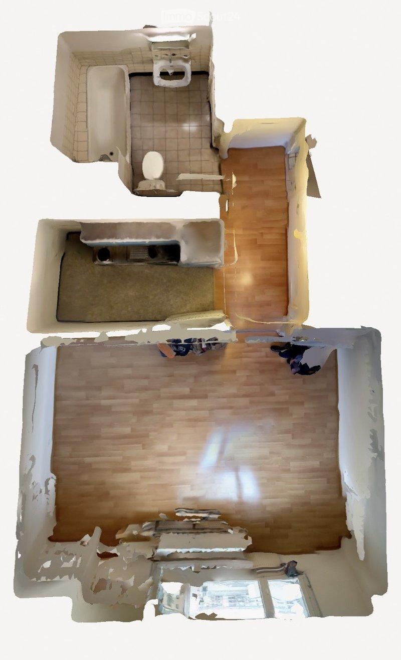 3D floor plan showing a bathroom, living room, and bedroom with wooden flooring and tiled bathroom.
