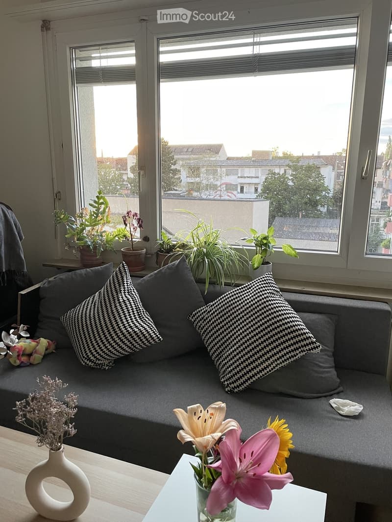 A cozy living room with a grey sofa, patterned cushions, a small table with flowers, and potted plants on the windowsill.