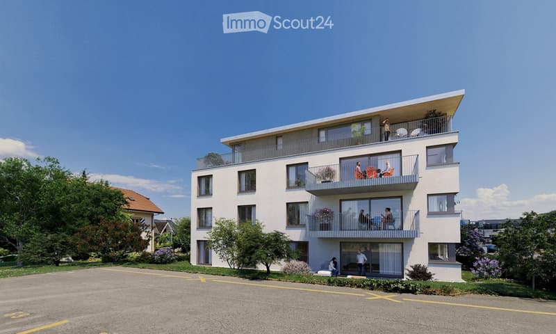 Modern three-story residential building with balconies, large windows, and surrounding greenery.