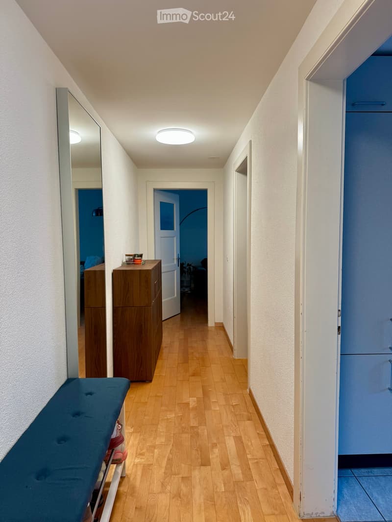 A narrow hallway with wooden flooring, white walls, and a round ceiling light. Features include a blue bench with shoes, a wooden cabinet, and a large mirror on the left wall. A closed door leads to another room.