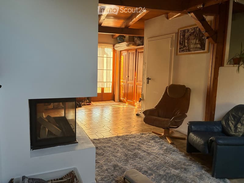 Cozy living room with a fireplace, two chairs, a large fur rug, and a view into another room with wooden doors and natural light.