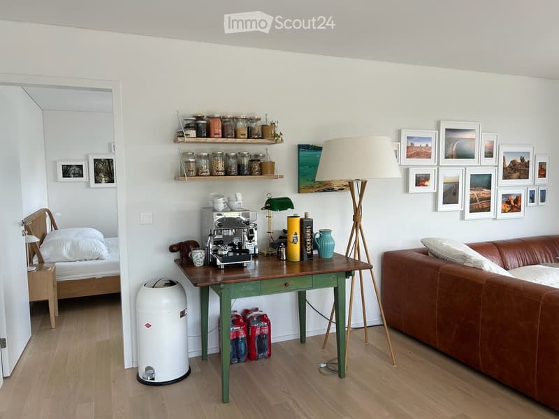 A modern, multi-functional room with a sofa, a small bed, a coffee table, a coffee machine, and various decorative items including picture frames and jars on shelves.