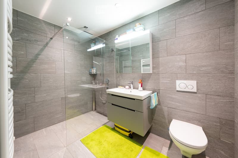 Gray tiled walls, glass shower enclosure, white sink, mirror, white toilet, green rugs