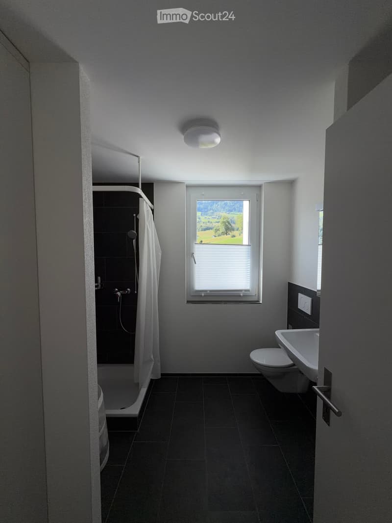Modern bathroom with dark tiled floor, white walls, a toilet, sink, and a shower with a curtain. A window offers a scenic view.