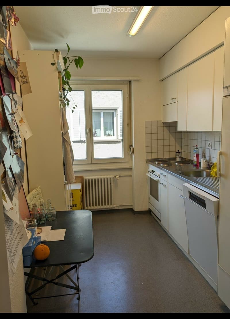The kitchen features white cabinets, a black table with glassware and an orange, a sink with a faucet, and an oven. There is a window with a view of the outside, and a radiator below it.