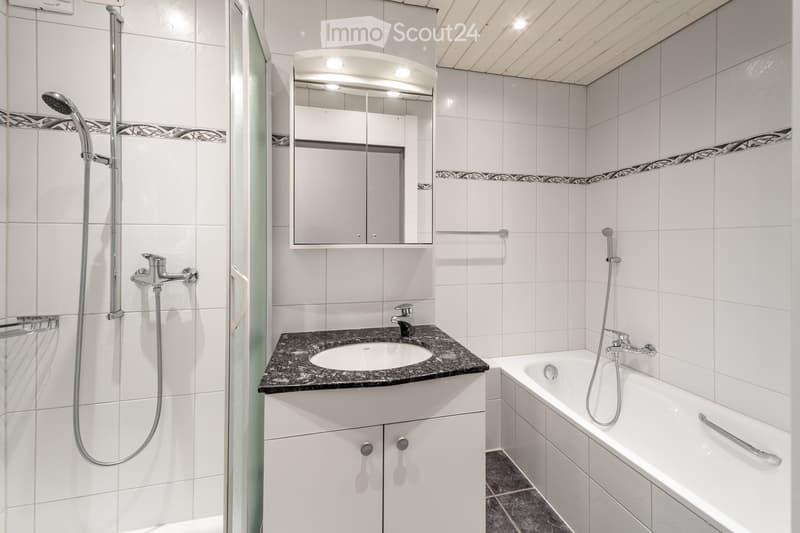 Modern bathroom with white tiles, a black granite countertop sink, a bathtub, a mirror cabinet, and a glass-enclosed shower area.