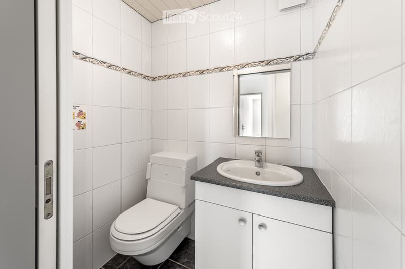 Modern bathroom with white tiles, a toilet, a sink with a countertop, and a mirror above the sink.