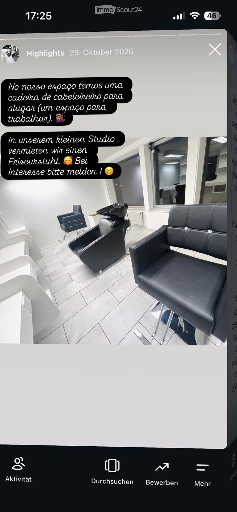 Modern, well-lit room with tiled floor, several black salon chairs, a mirror, and a small stool.