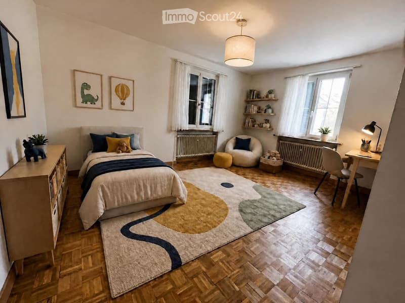 Cozy bedroom with wooden flooring, a large bed with pillows and blankets, a nightstand with a lamp, a small round chair, a desk with a chair, shelves with books and plants, and a colorful rug.