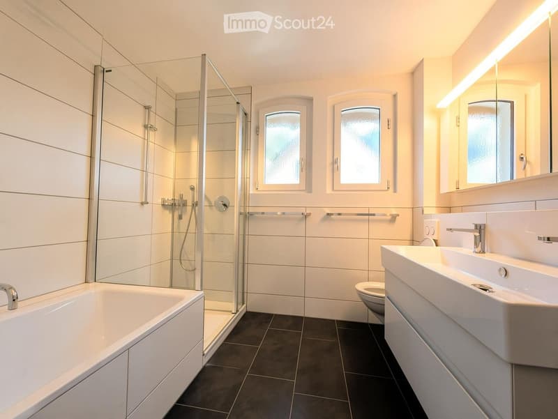 Modern bathroom with a bathtub, walk-in shower, sink, toilet, and large mirror. Features dark tiled flooring and white tiled walls.