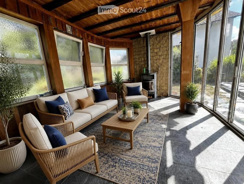 A cozy, well-lit living space with large windows and a view, featuring a white sofa, wooden coffee table, armchairs, fireplace, and potted plants.
