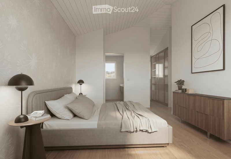 Bedroom. Modern bedroom with a grey upholstered bed, white bedding, nightstand with a table lamp, floor lamp, wooden drawer unit, and a large abstract picture on the wall.