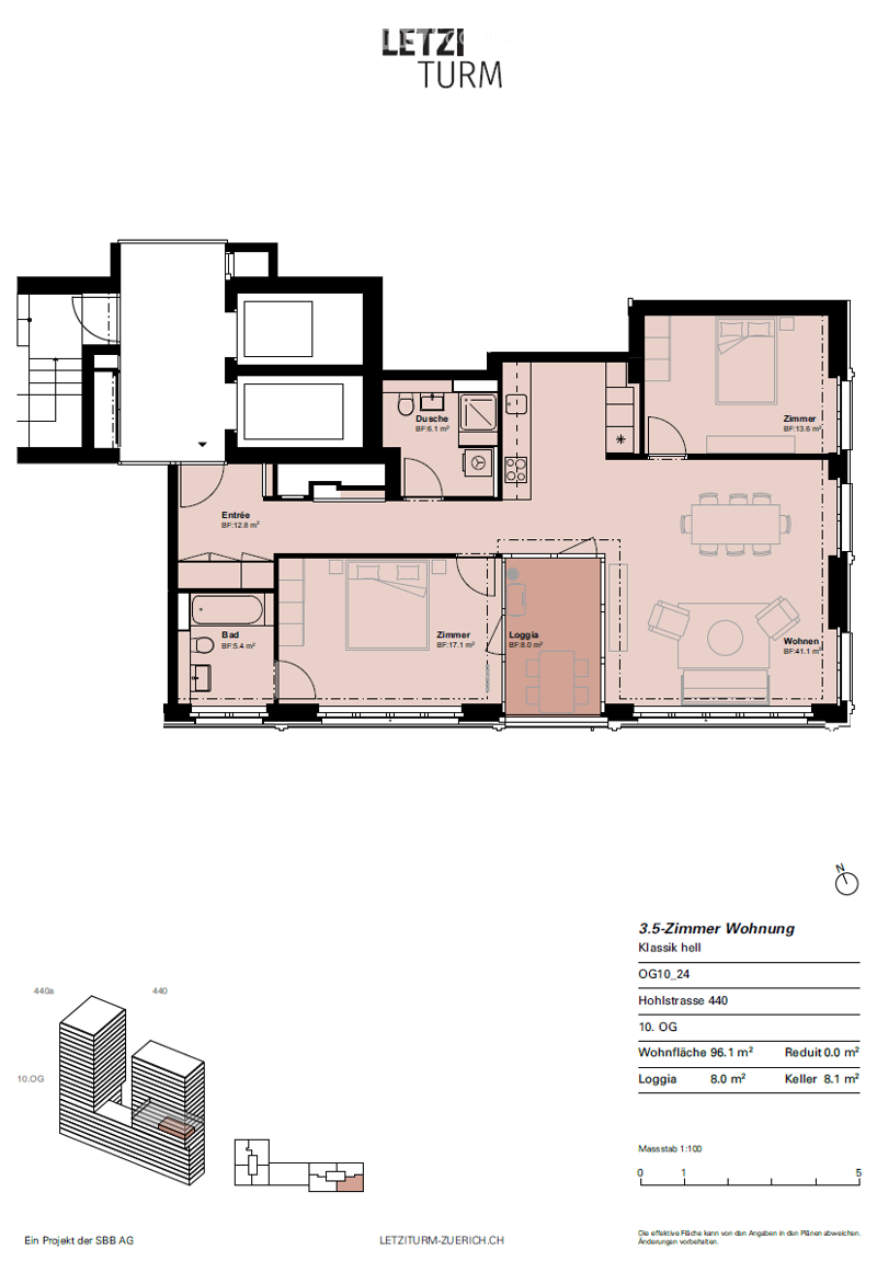 Floor plan of a 3.5-room apartment on the 10th floor, featuring a living area, bedroom, bathroom, entrance, and loggia.