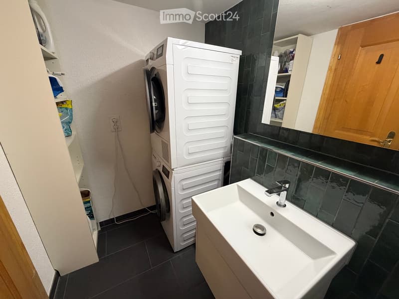 Bathroom with a white sink, chrome faucet, and a stacked white washing machine and dryer unit. Dark tiled walls and floor.
