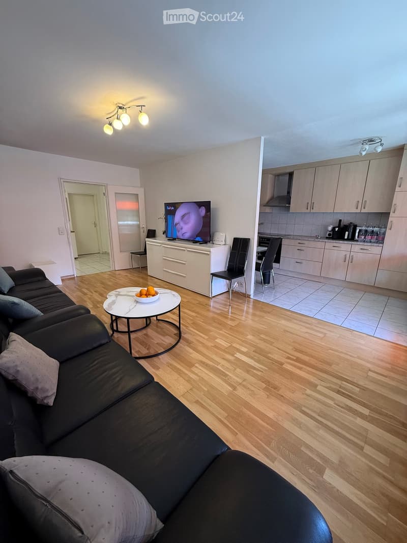 Modern living room with a black sectional sofa, coffee table, TV, and a small kitchen area with cabinets and appliances.