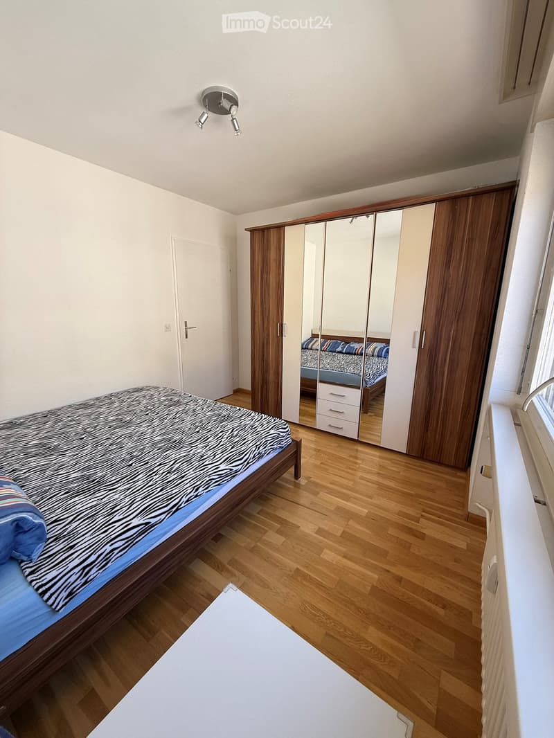 Bedroom with wooden floor, bed with zebra-patterned bedspread, wardrobe with mirrored doors, and a small window.