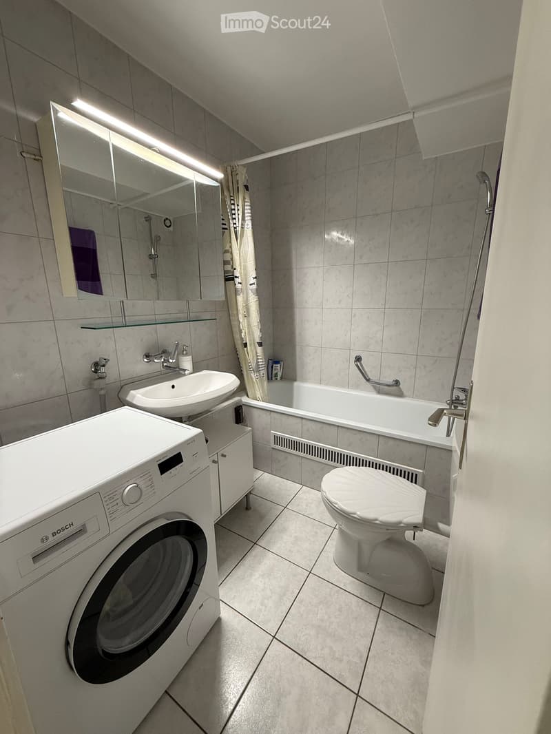 Modern bathroom with a white sink, toilet, bathtub, washing machine, and a large mirror with built-in lighting. The space features marble tiles and a glass shelf above the sink.