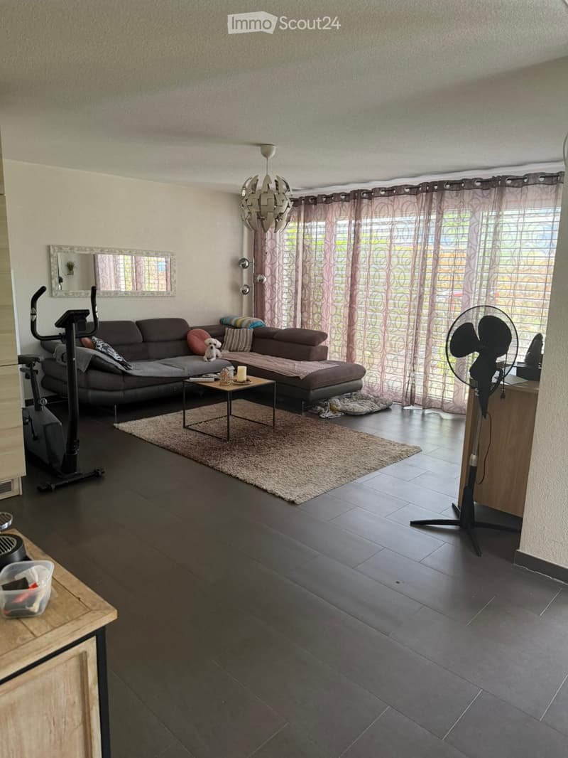 Modern living room with dark wooden flooring, a grey sectional sofa, a small coffee table, a standing fan, a mirror, and an exercise bike in the corner.