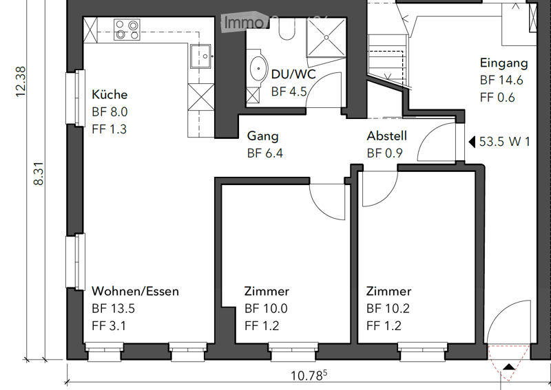 Kitchen, living/dining area, 2 bedrooms, bathroom, hallway, storage