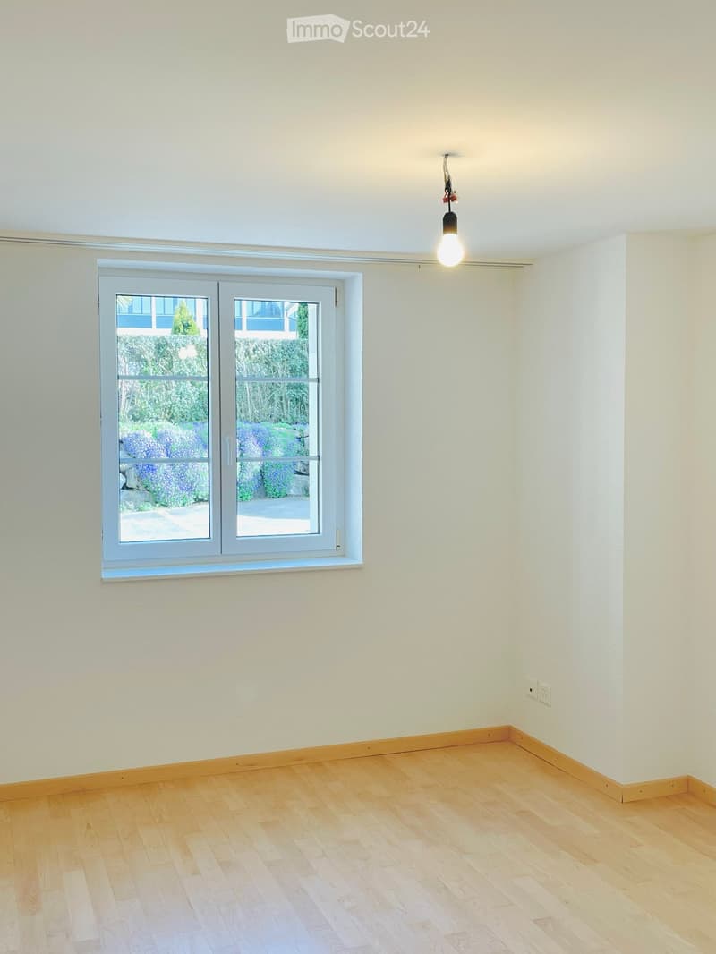 empty room, white walls, wooden floor, window with view of garden