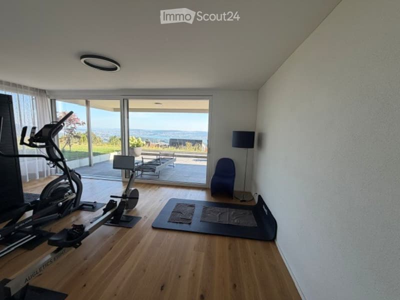 Well-lit room with wooden flooring, large windows offering a scenic view, exercise bike, elliptical machine, a small chair, and a floor lamp.