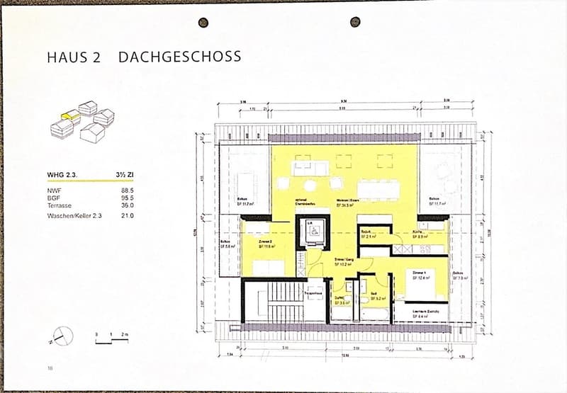 Floor plan of Haus 2 Dachgeschoss showing layout with rooms labeled, including optional children's room, living room, bedroom, and bathroom.