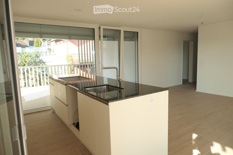 Modern kitchen with white cabinets, black countertop, double sink, and large windows leading to a balcony.