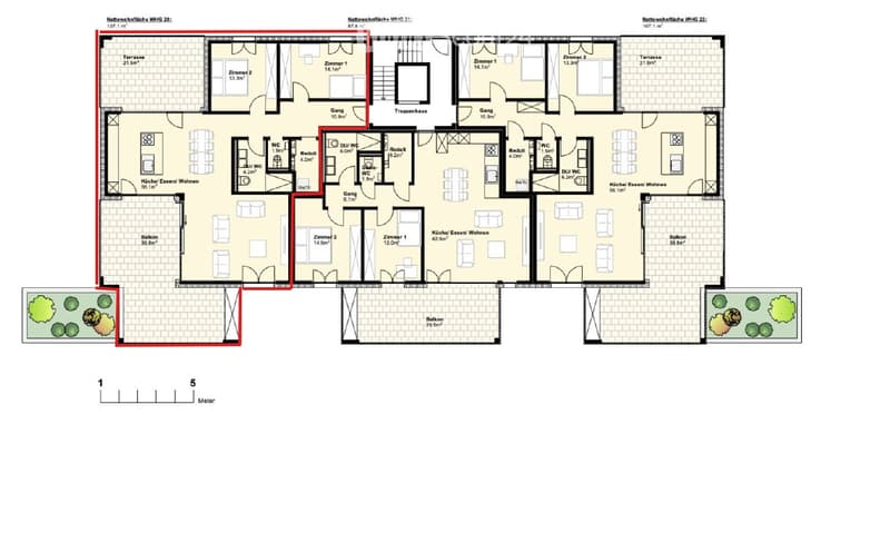 Floor plan of a multi-level house with three apartments, each featuring a kitchen, living area, bedrooms, bathrooms, and balconies.